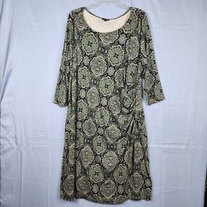 Talbots Faux-Wrap Jersey Knit Dress Medallion Print Midi Green Petites Size 2X